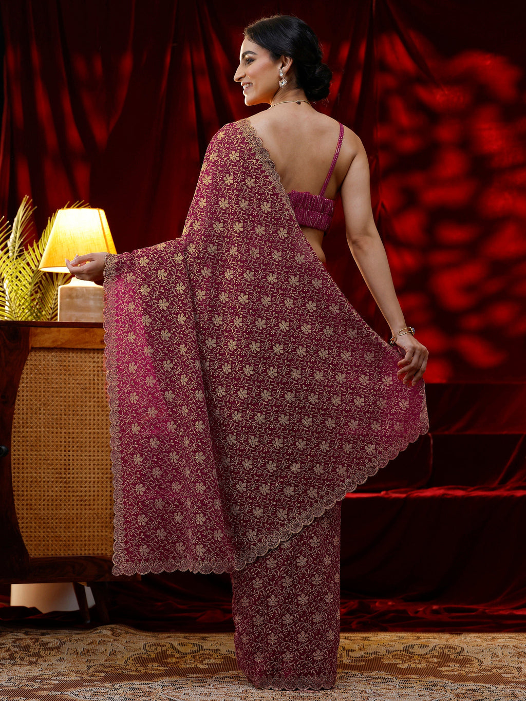 Libas Pink Floral Embroidered Georgette Saree