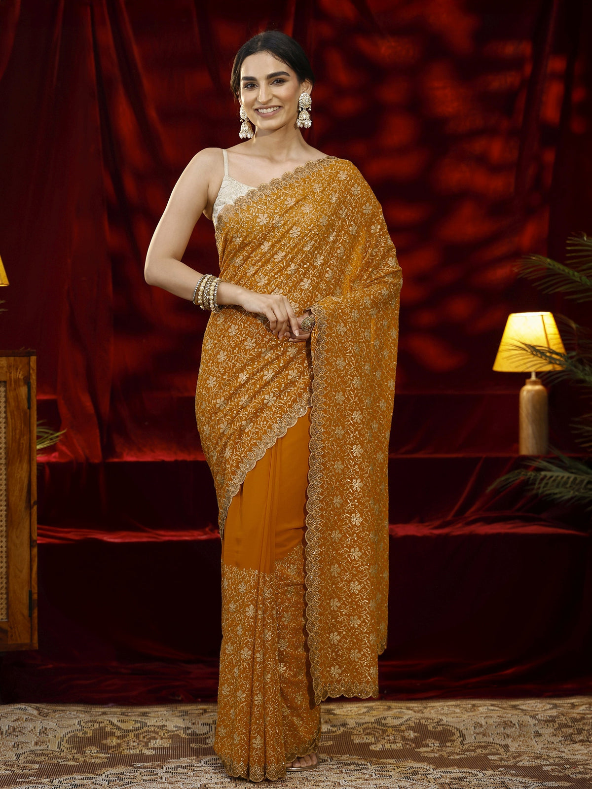 Libas Mustard Floral Embroidered Georgette Saree