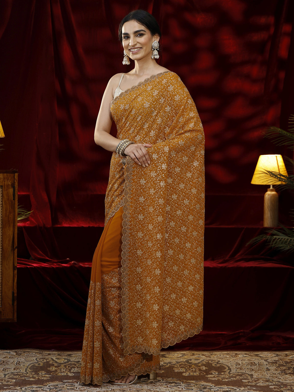 Libas Mustard Floral Embroidered Georgette Saree