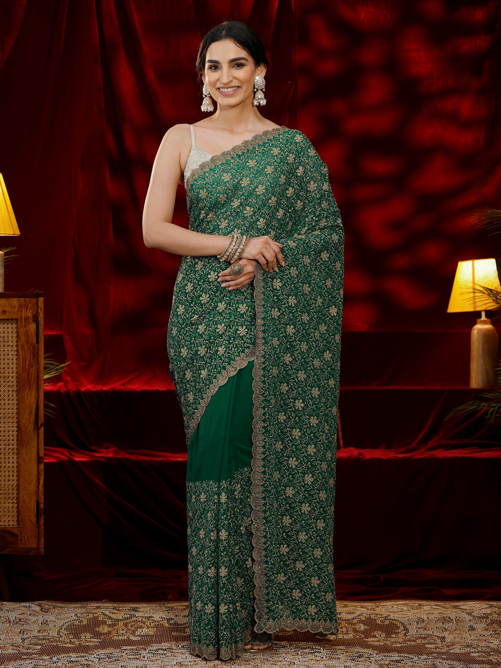 Libas Green Floral Embroidered Georgette Saree