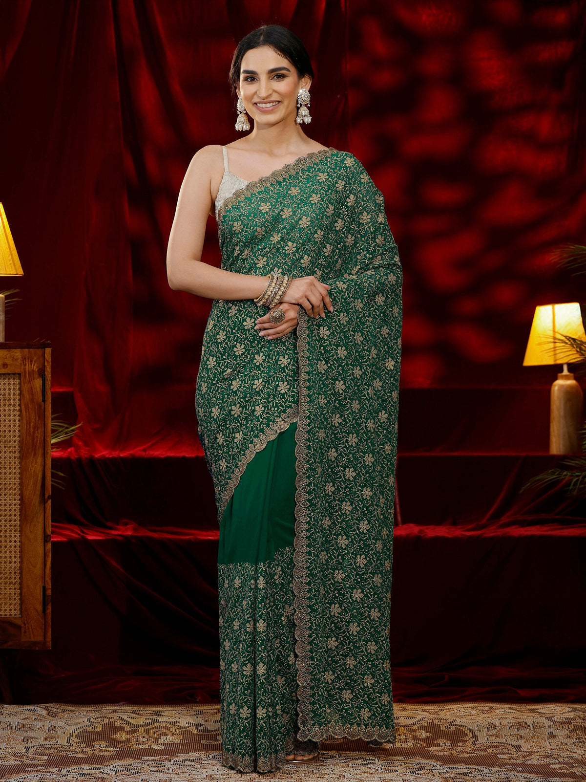 Libas Green Floral Embroidered Georgette Saree