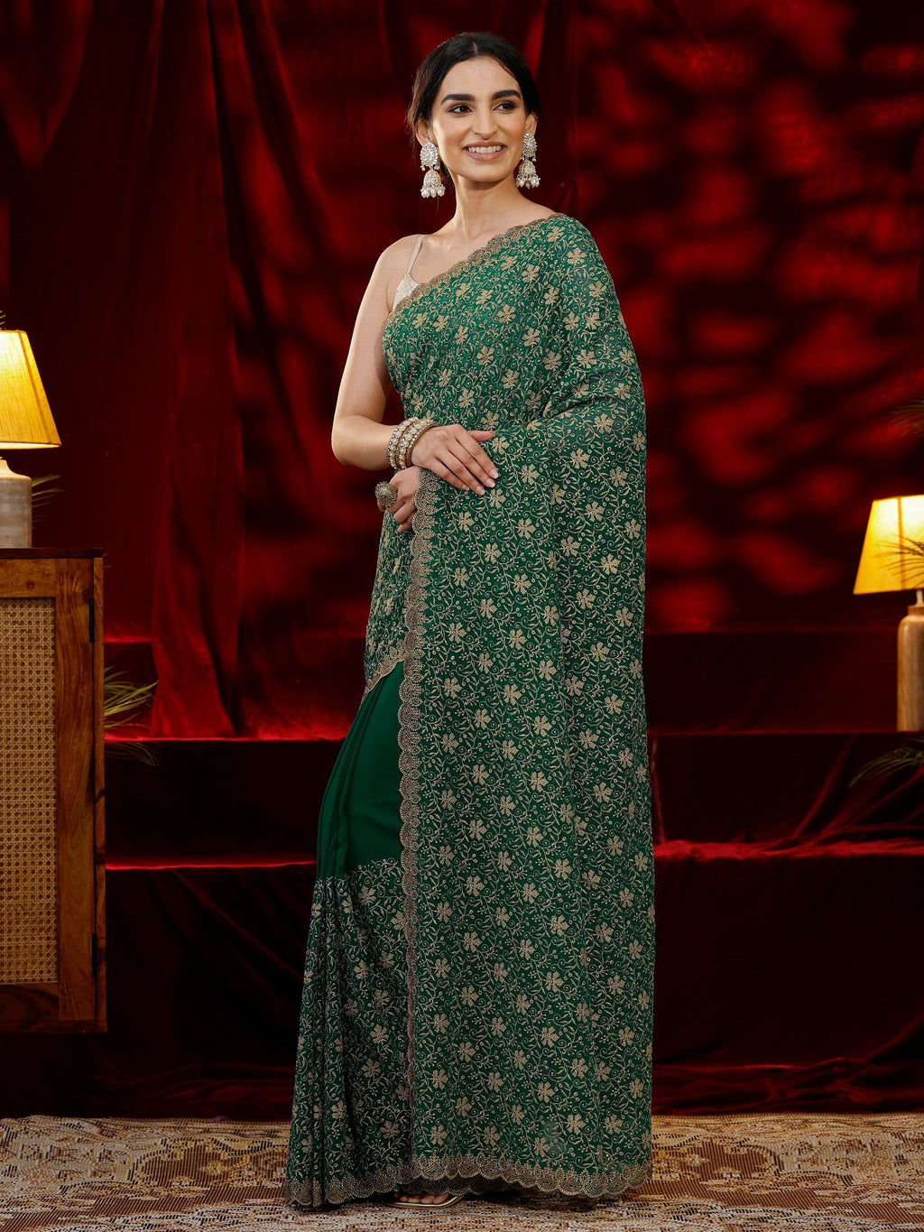 Libas Green Floral Embroidered Georgette Saree