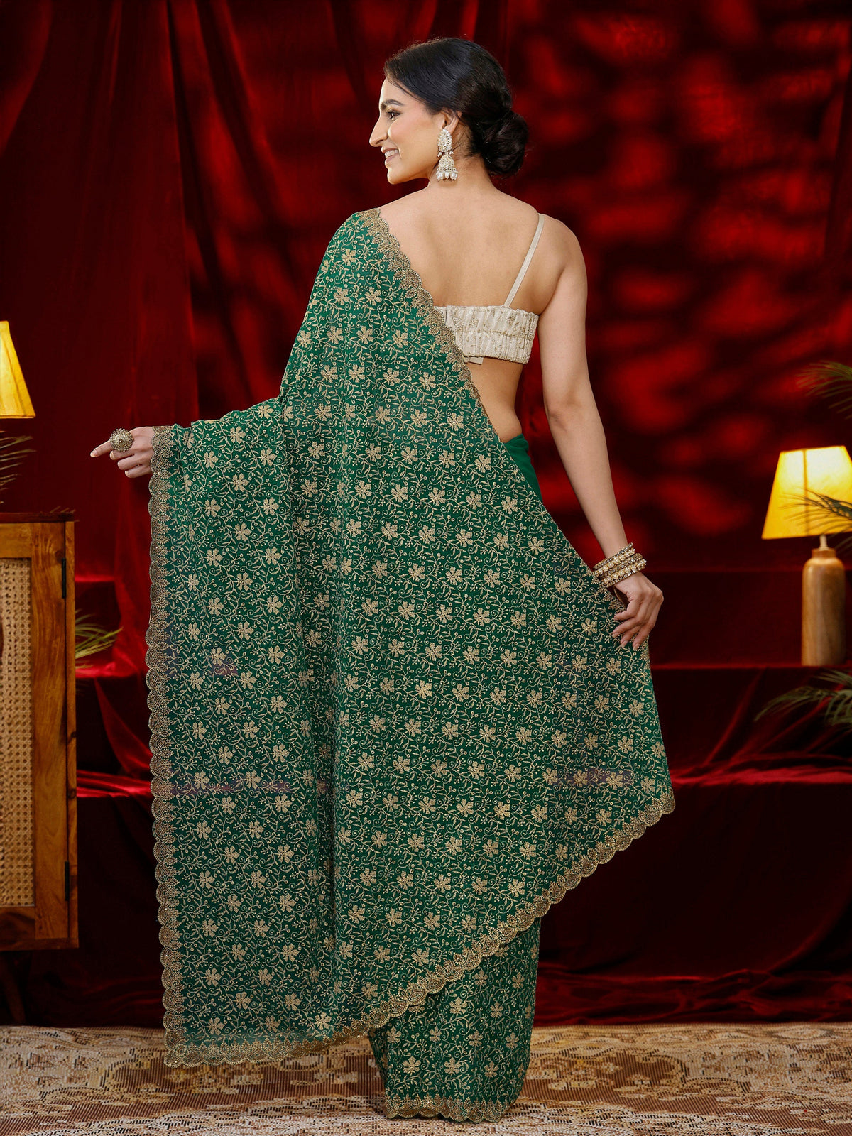 Libas Green Floral Embroidered Georgette Saree