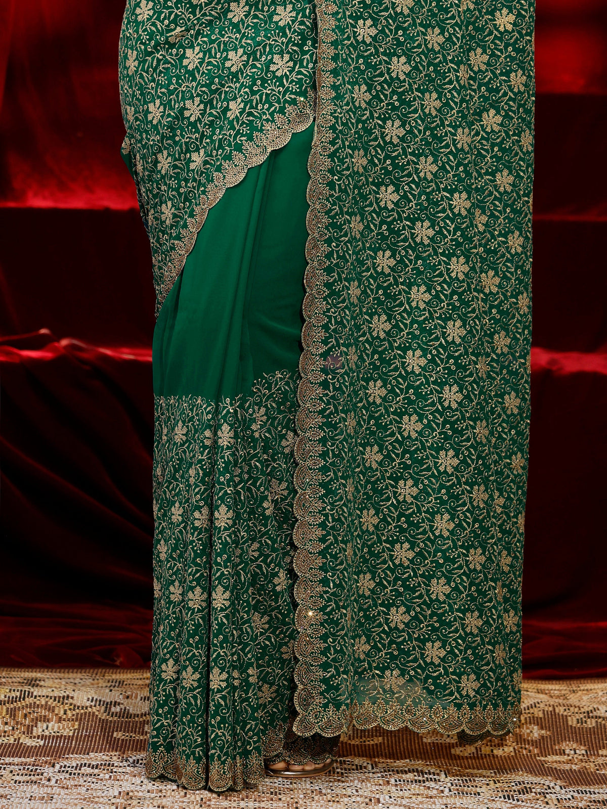 Libas Green Floral Embroidered Georgette Saree