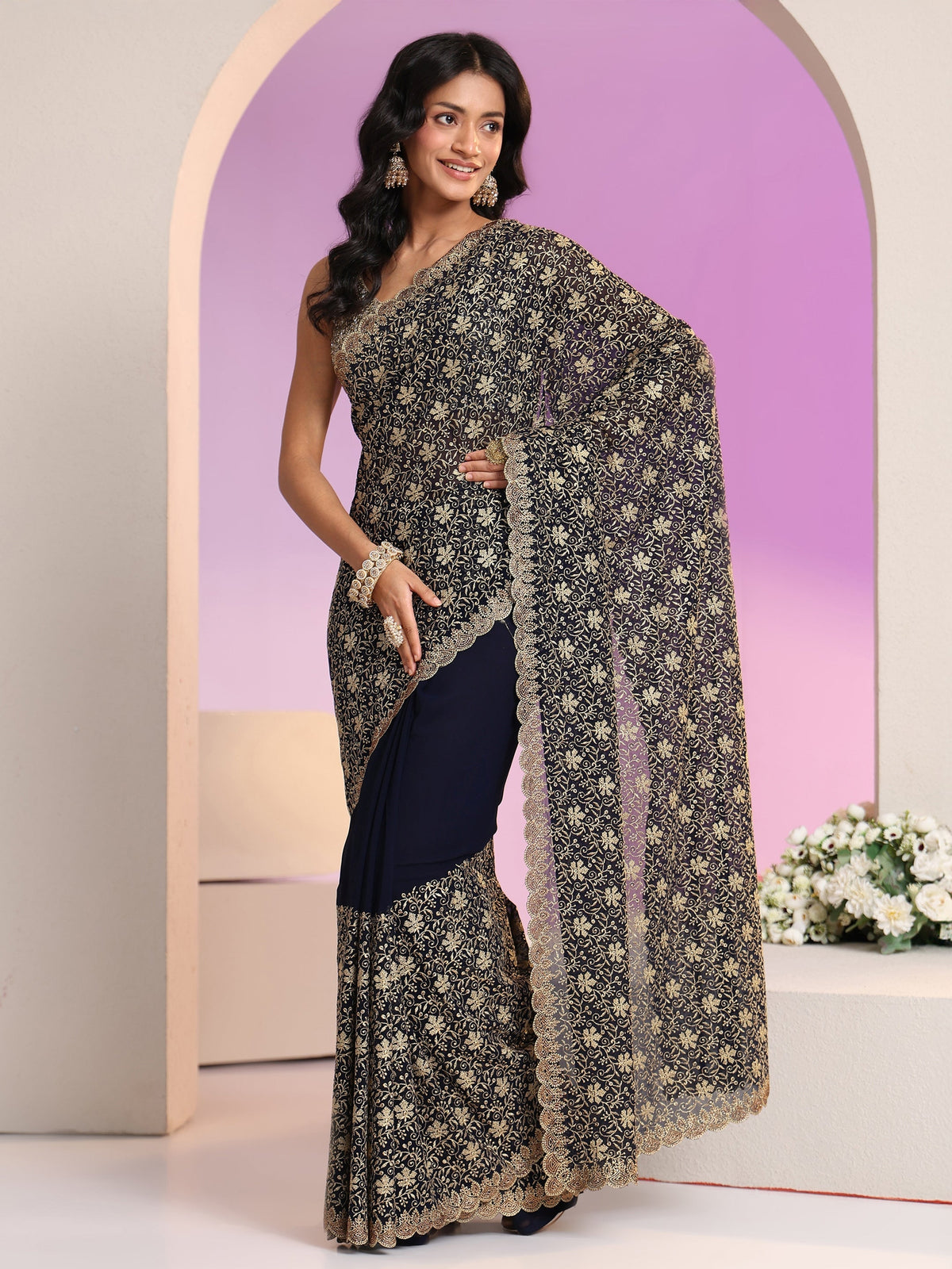 Libas Navy Blue Floral Embroidered Georgette Saree