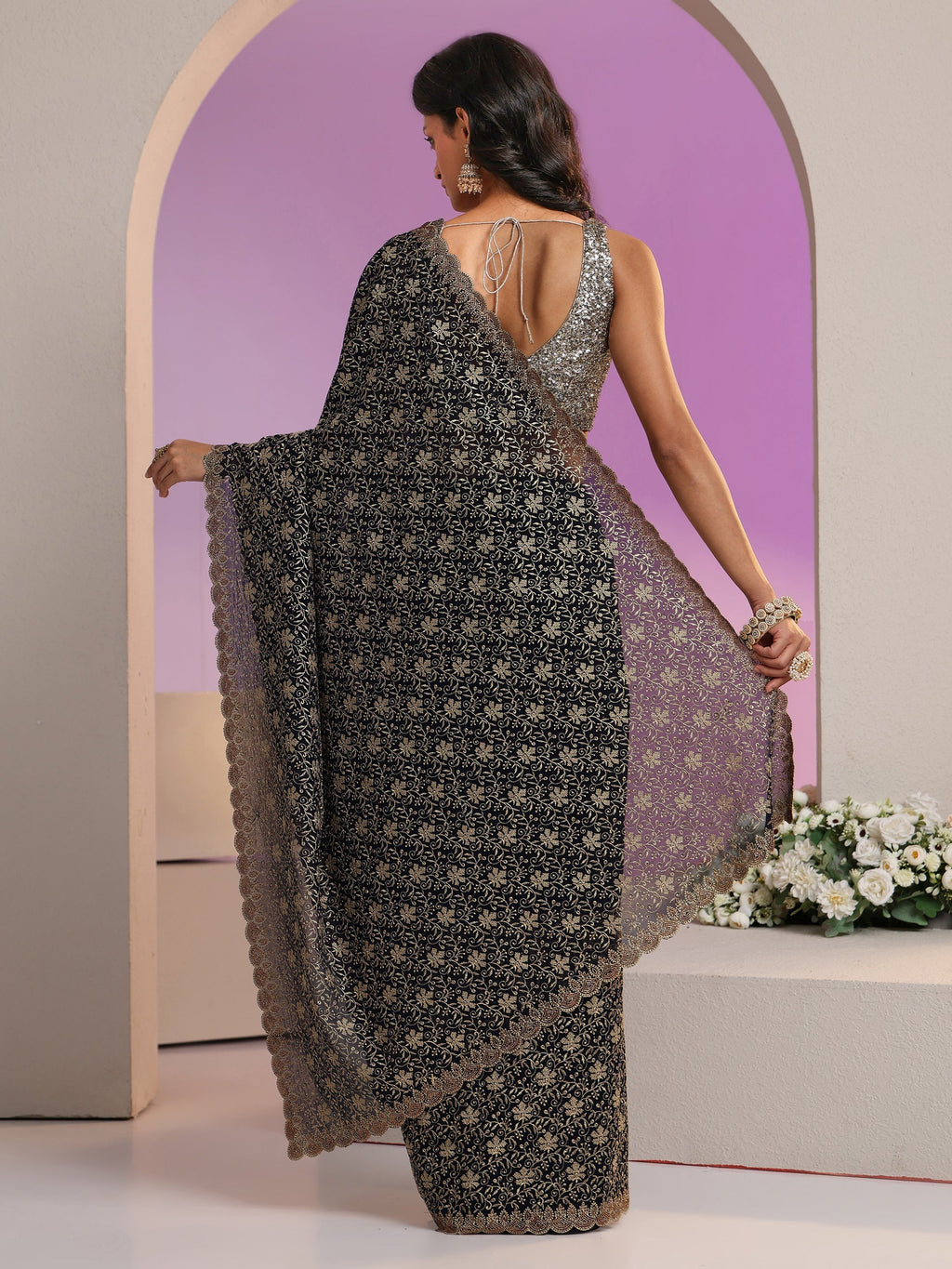 Libas Navy Blue Floral Embroidered Georgette Saree