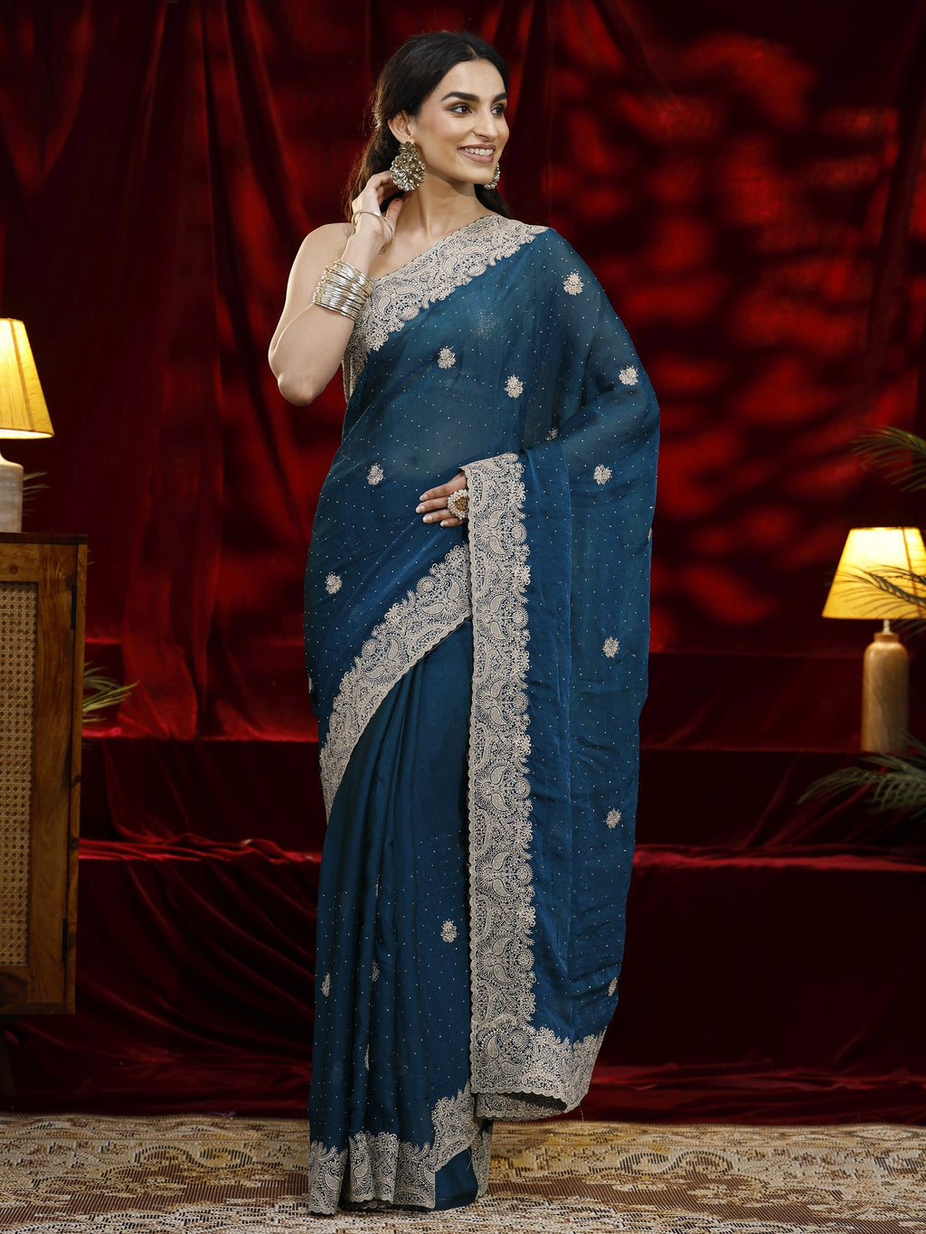 Libas Blue Floral Embroidered Tissue Saree