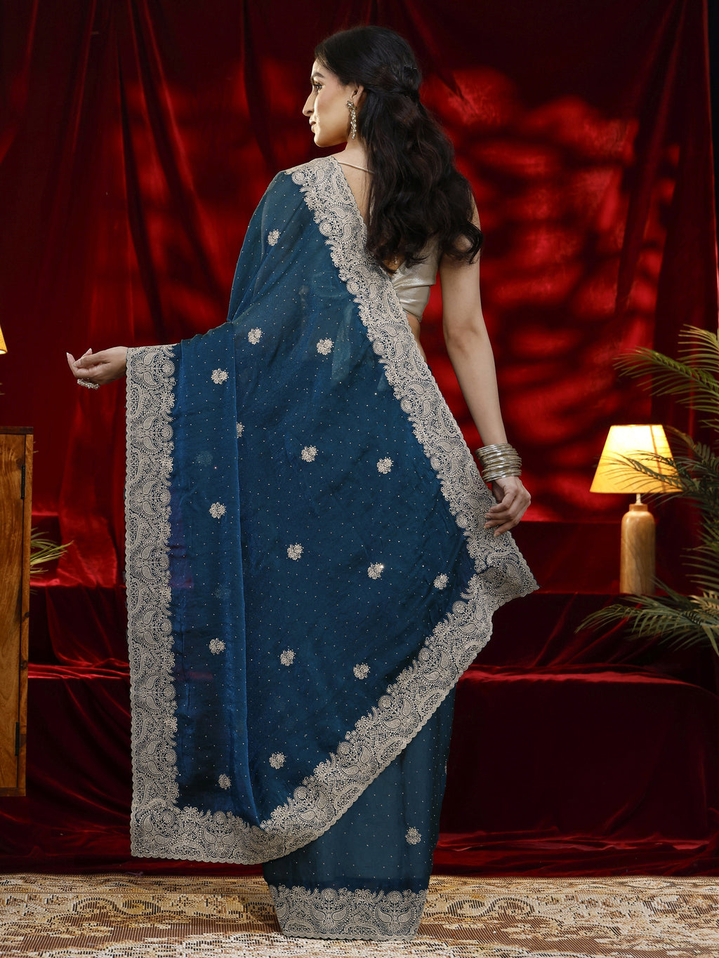 Libas Blue Floral Embroidered Tissue Saree