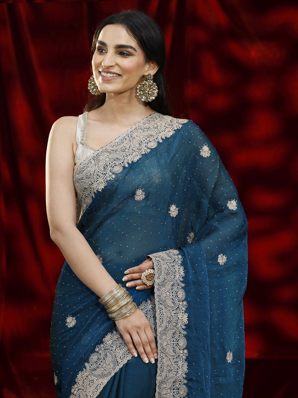 Libas Blue Floral Embroidered Tissue Saree