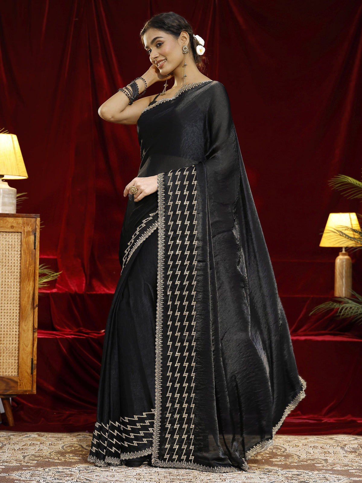 Libas Black Solid Tissue Saree