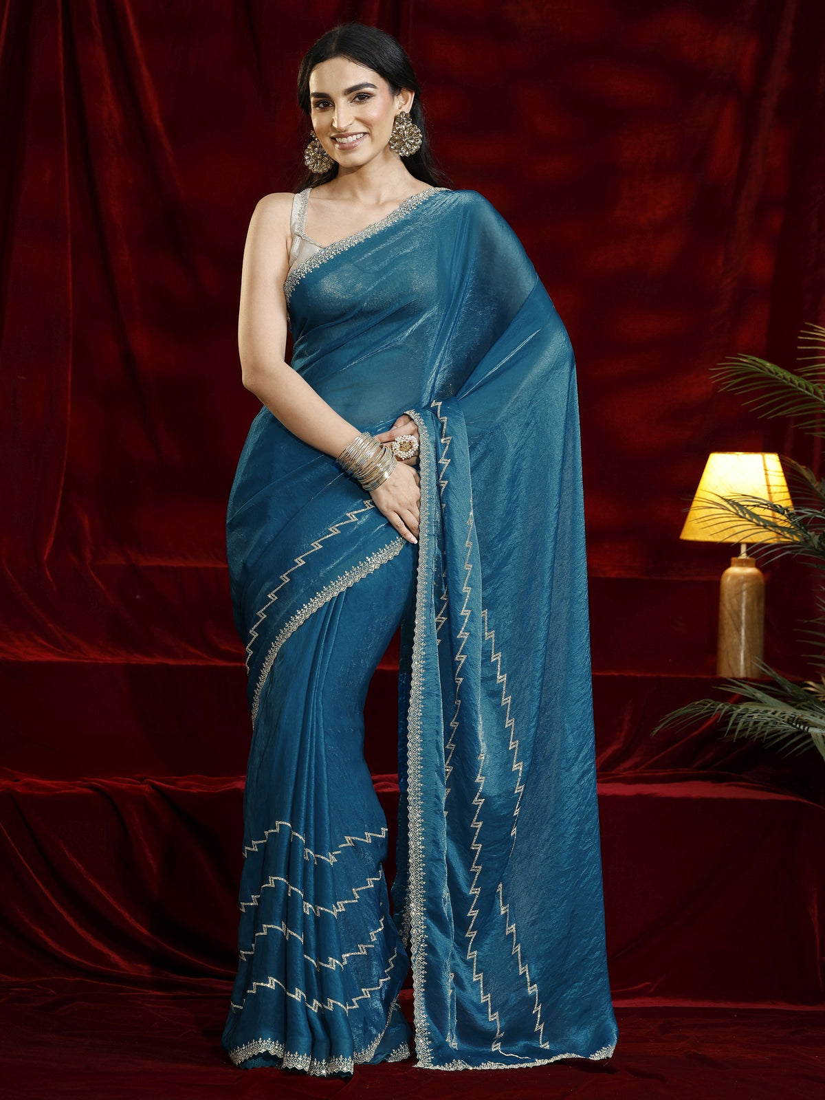 Libas Blue Solid Tissue Saree