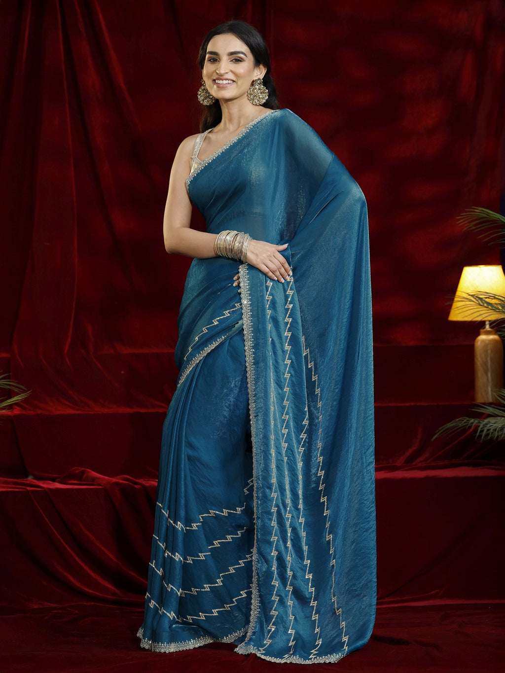 Libas Blue Solid Tissue Saree