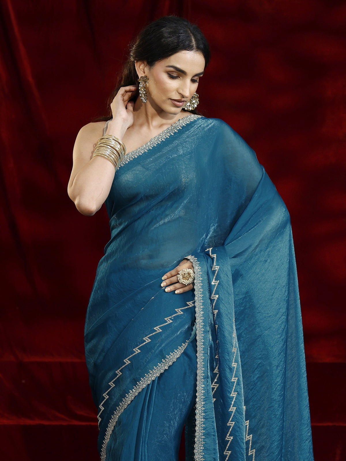 Libas Blue Solid Tissue Saree