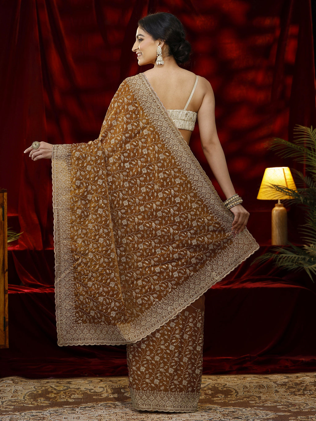 Libas Orange Floral Embroidered Georgette Saree