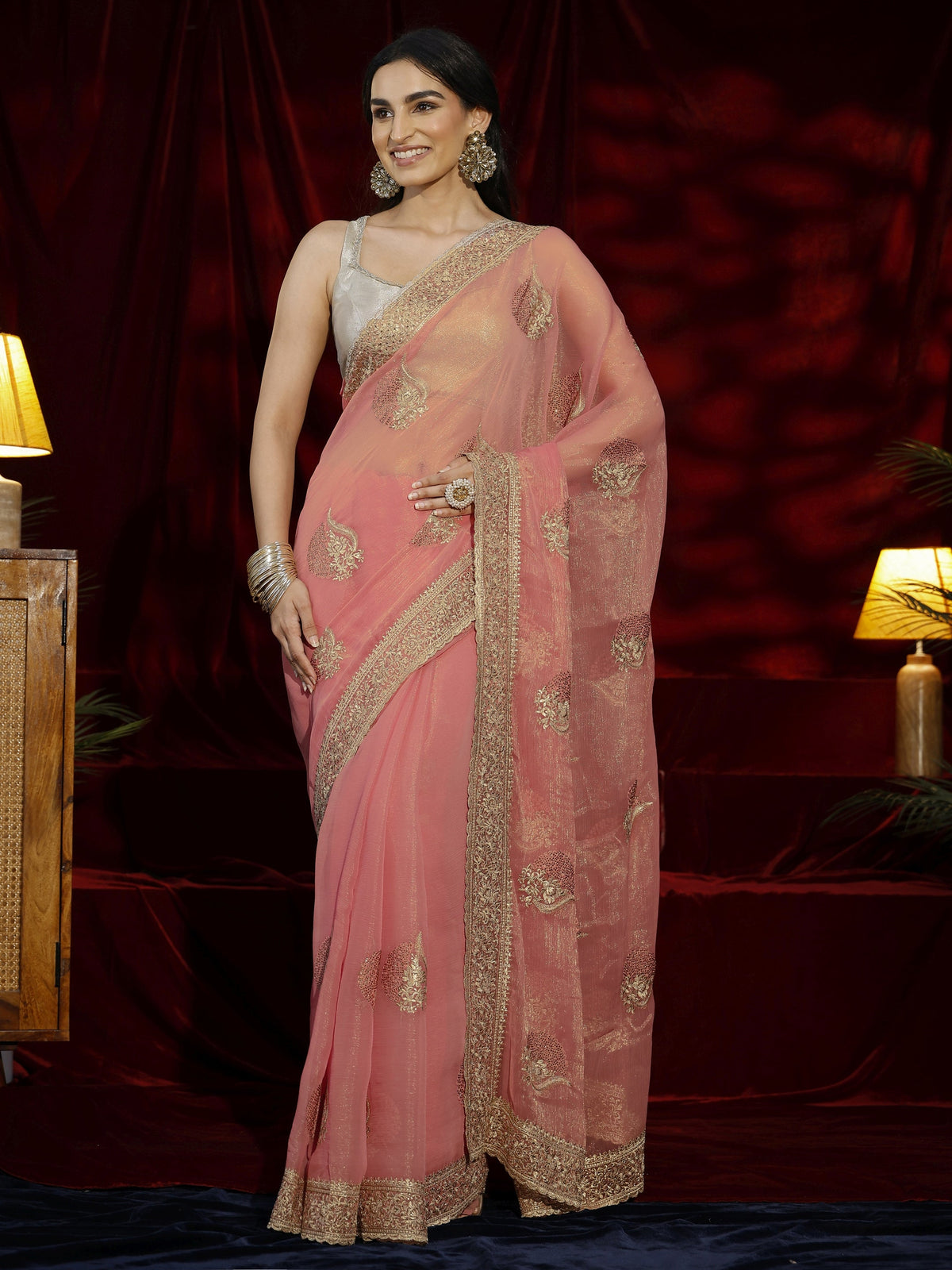 Libas Pink Floral Embroidered Chiffon Saree