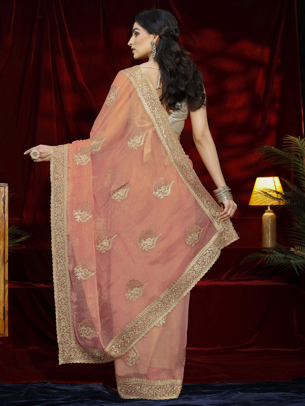Libas Pink Floral Embroidered Chiffon Saree