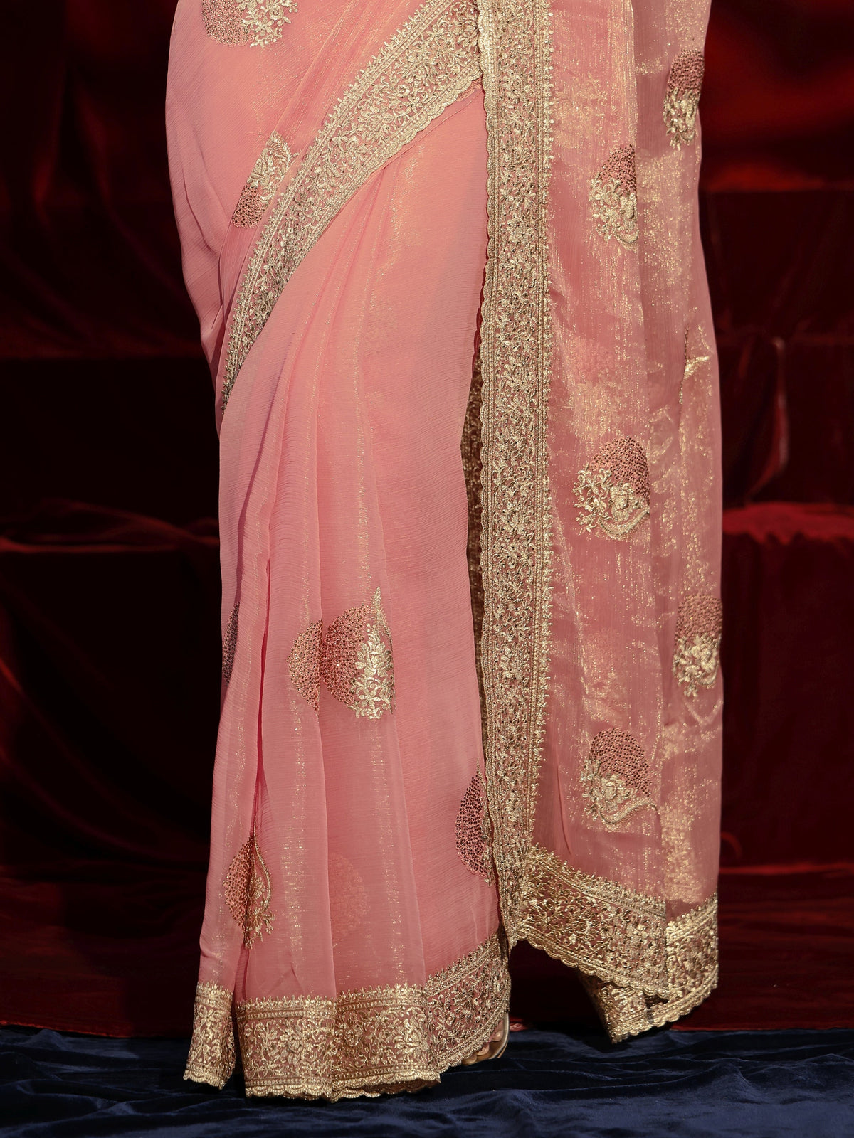 Libas Pink Floral Embroidered Chiffon Saree
