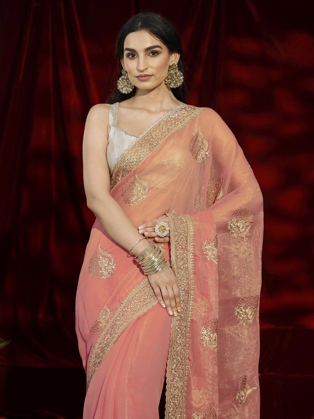 Libas Pink Floral Embroidered Chiffon Saree