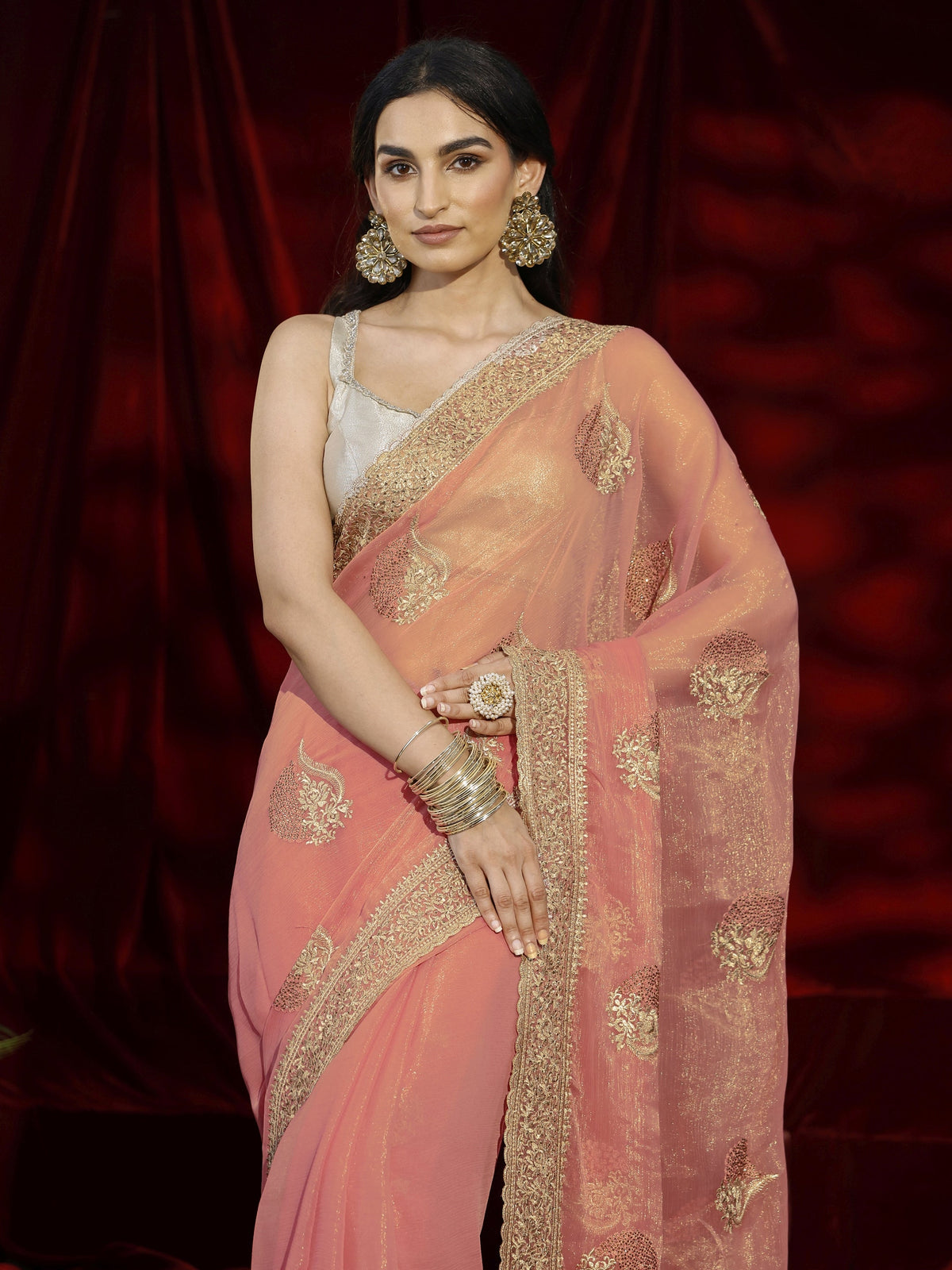 Libas Pink Floral Embroidered Chiffon Saree