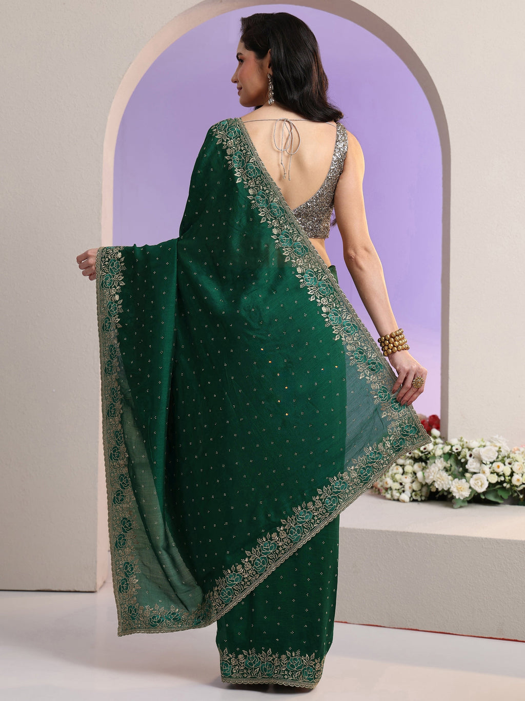Libas Bottle Green Stone Work Embelllished Silk Blend Saree
