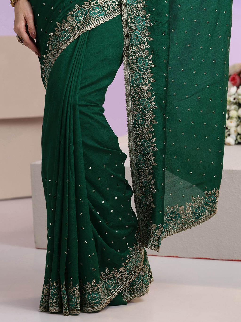 Libas Bottle Green Stone Work Embelllished Silk Blend Saree