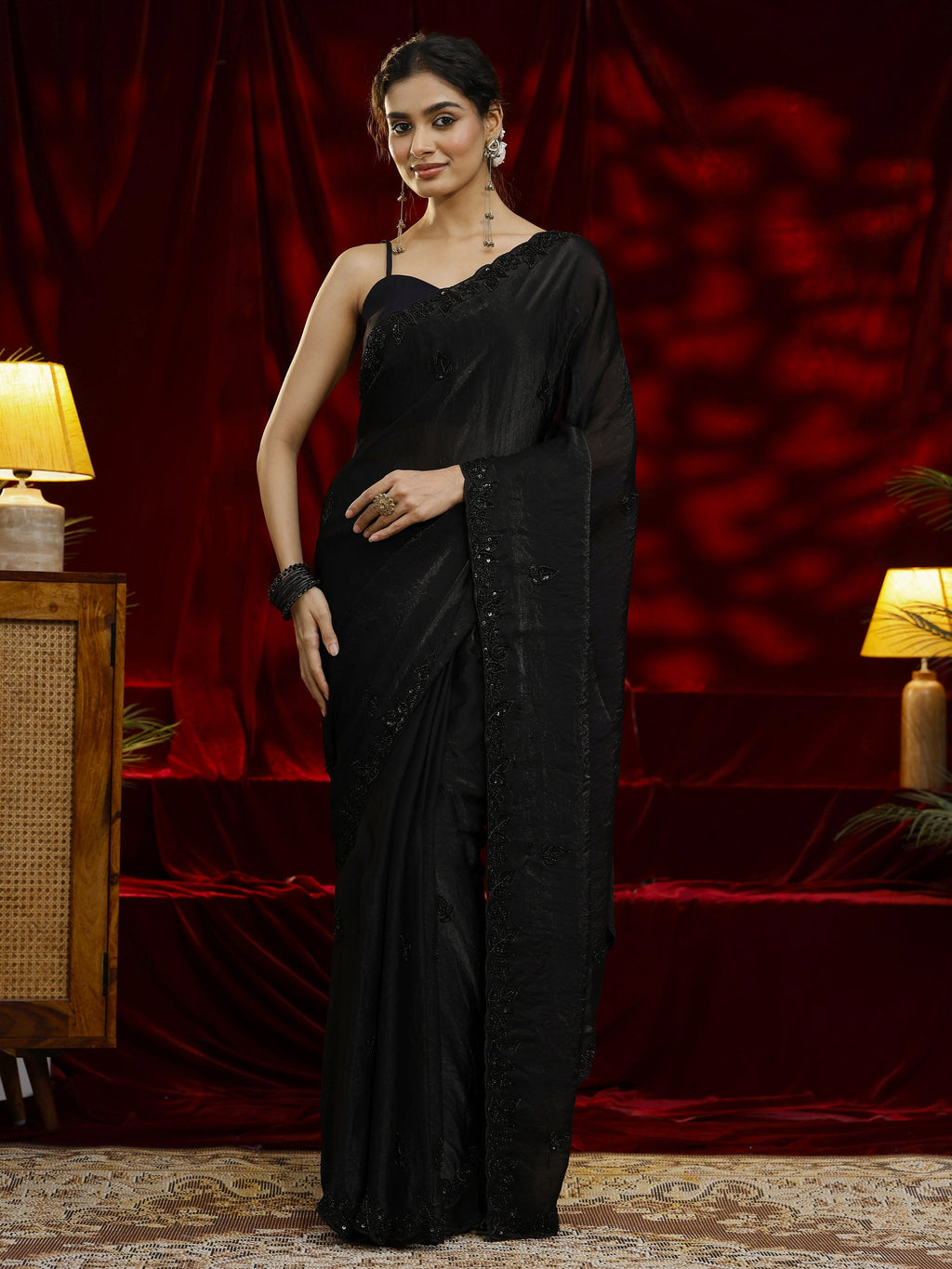 Libas Black Embellished Tissue Saree