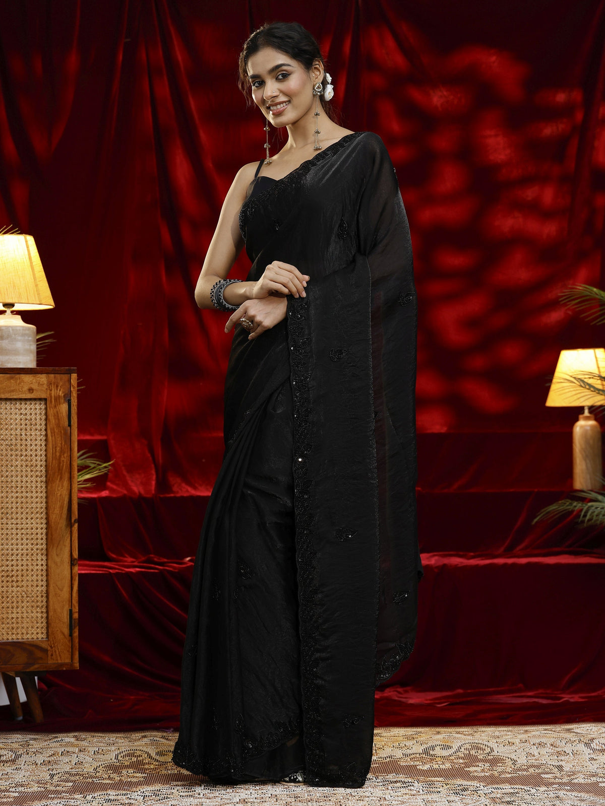 Libas Black Embellished Tissue Saree