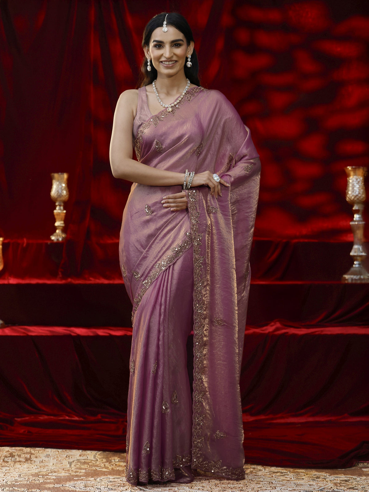Libas Pink Embellished Tissue Saree