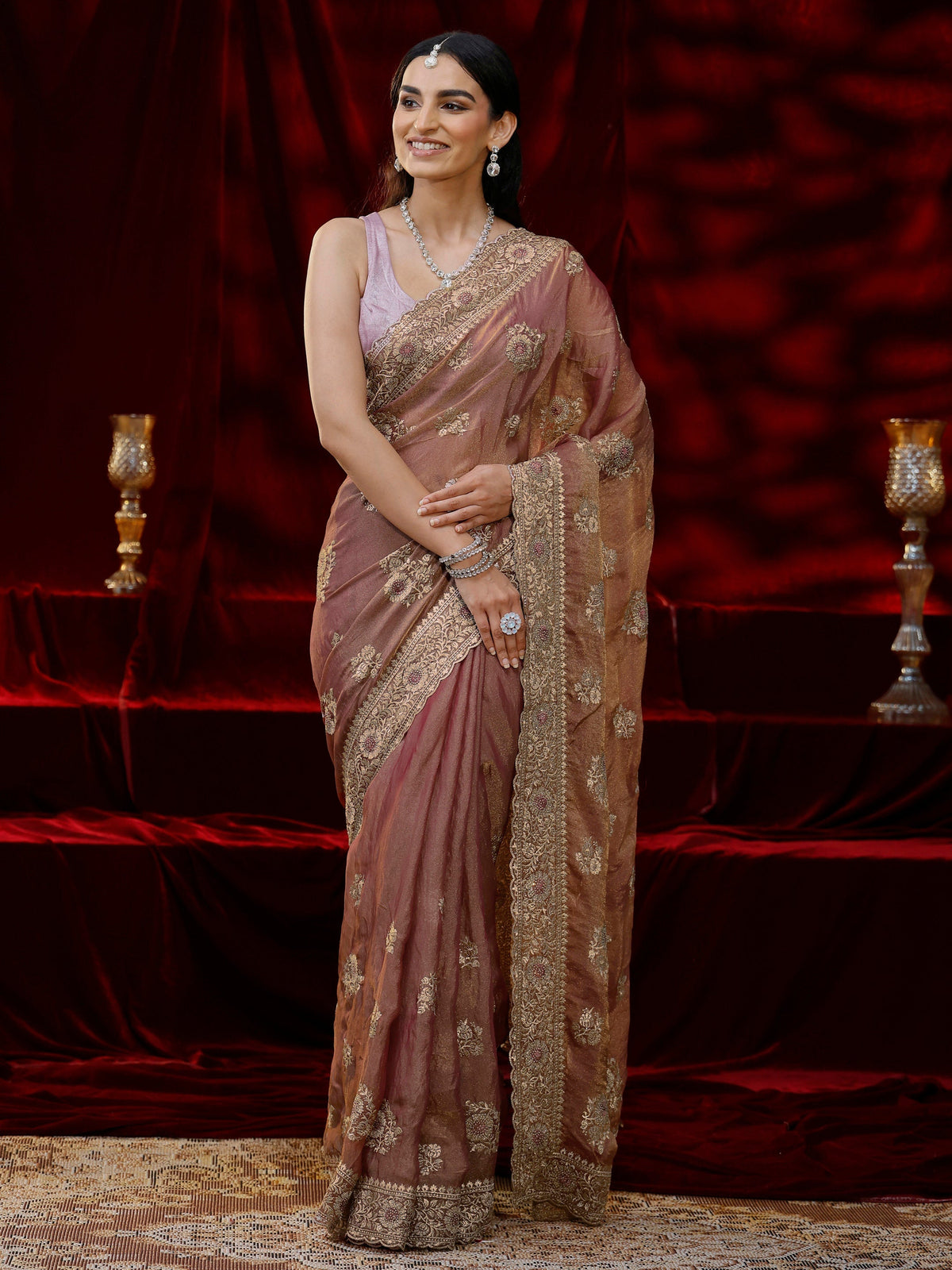 Libas Pink Floral Embroidered Tissue Saree