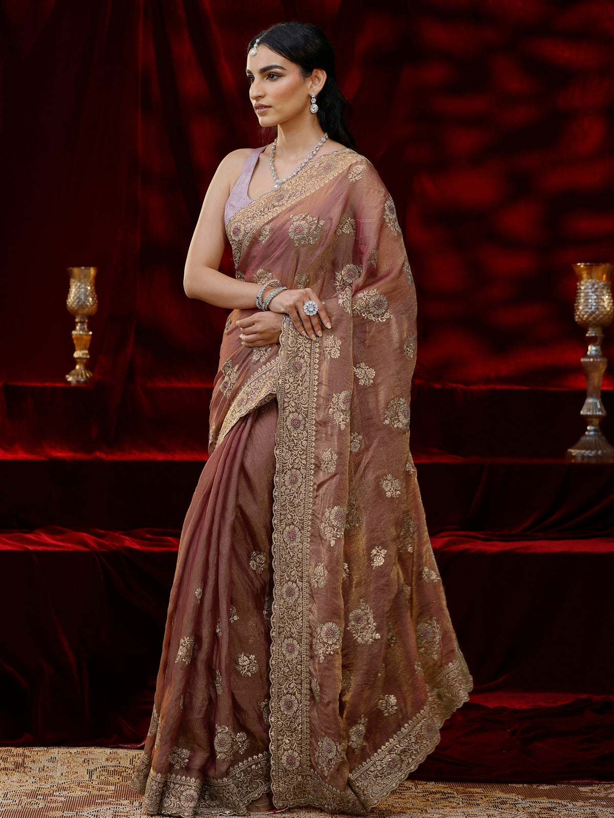 Libas Pink Floral Embroidered Tissue Saree