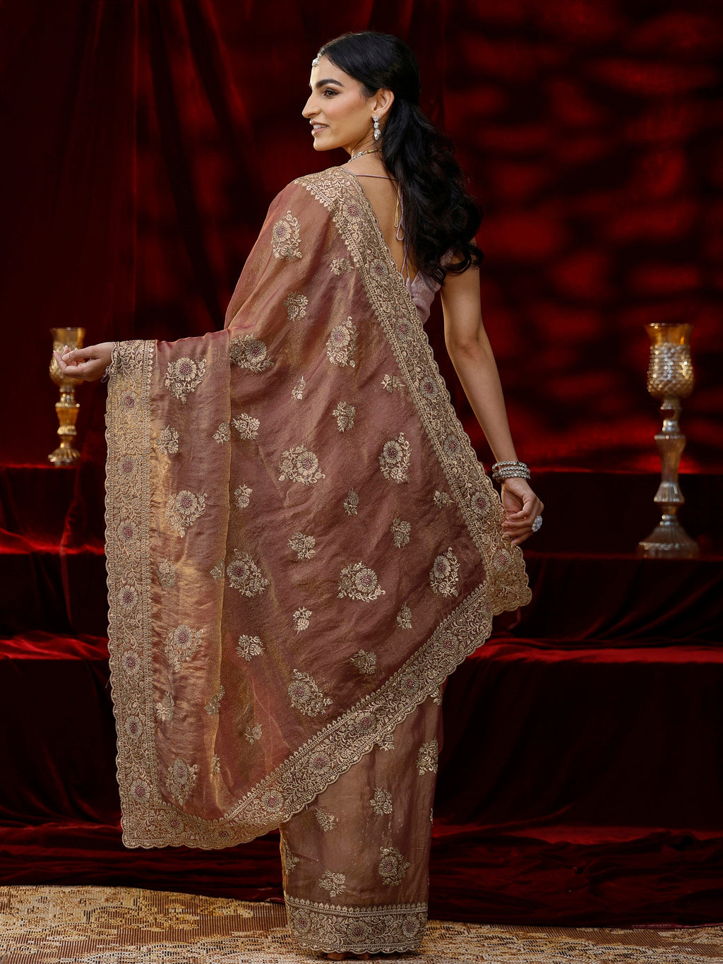 Libas Pink Floral Embroidered Tissue Saree