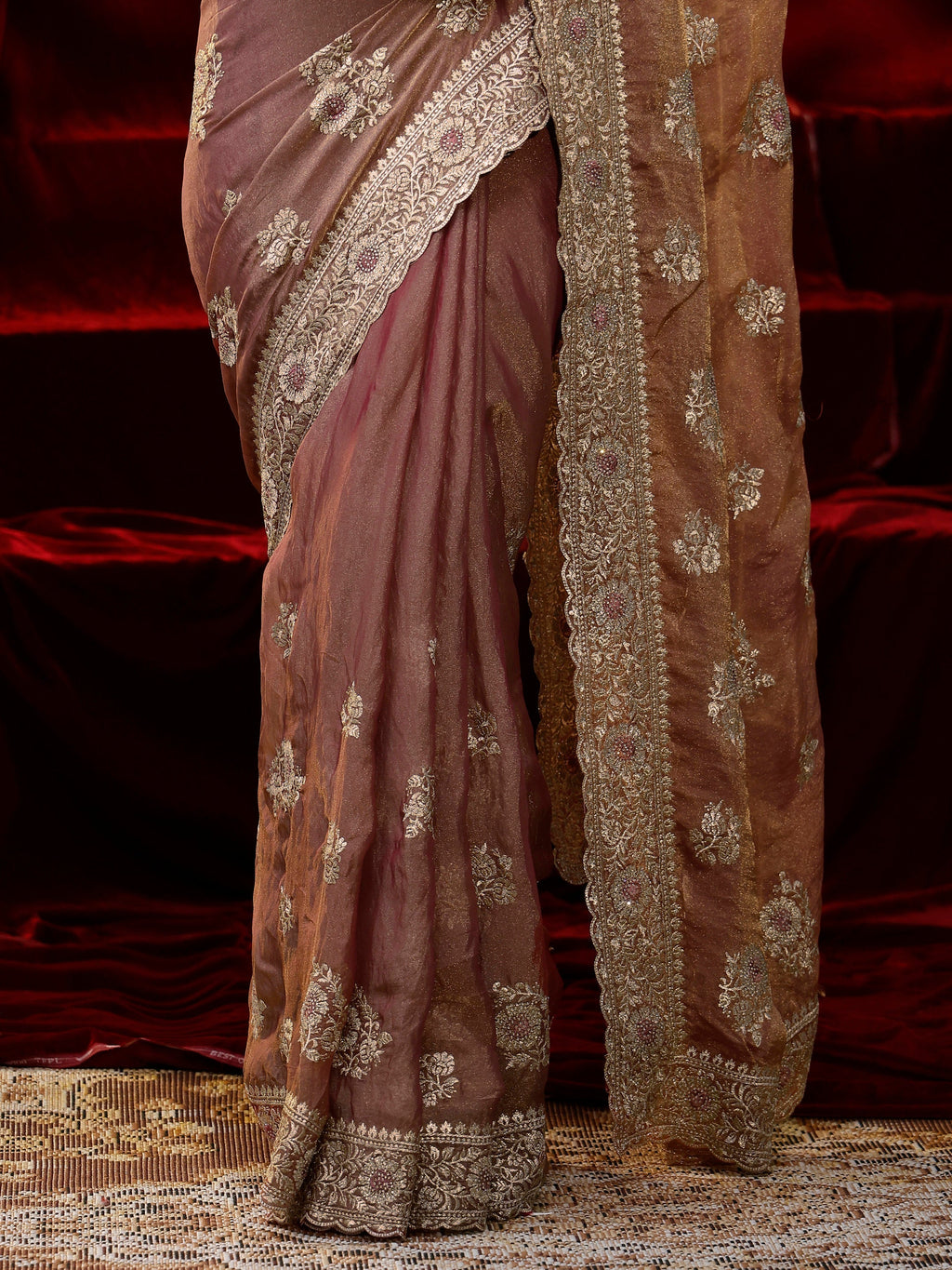 Libas Pink Floral Embroidered Tissue Saree