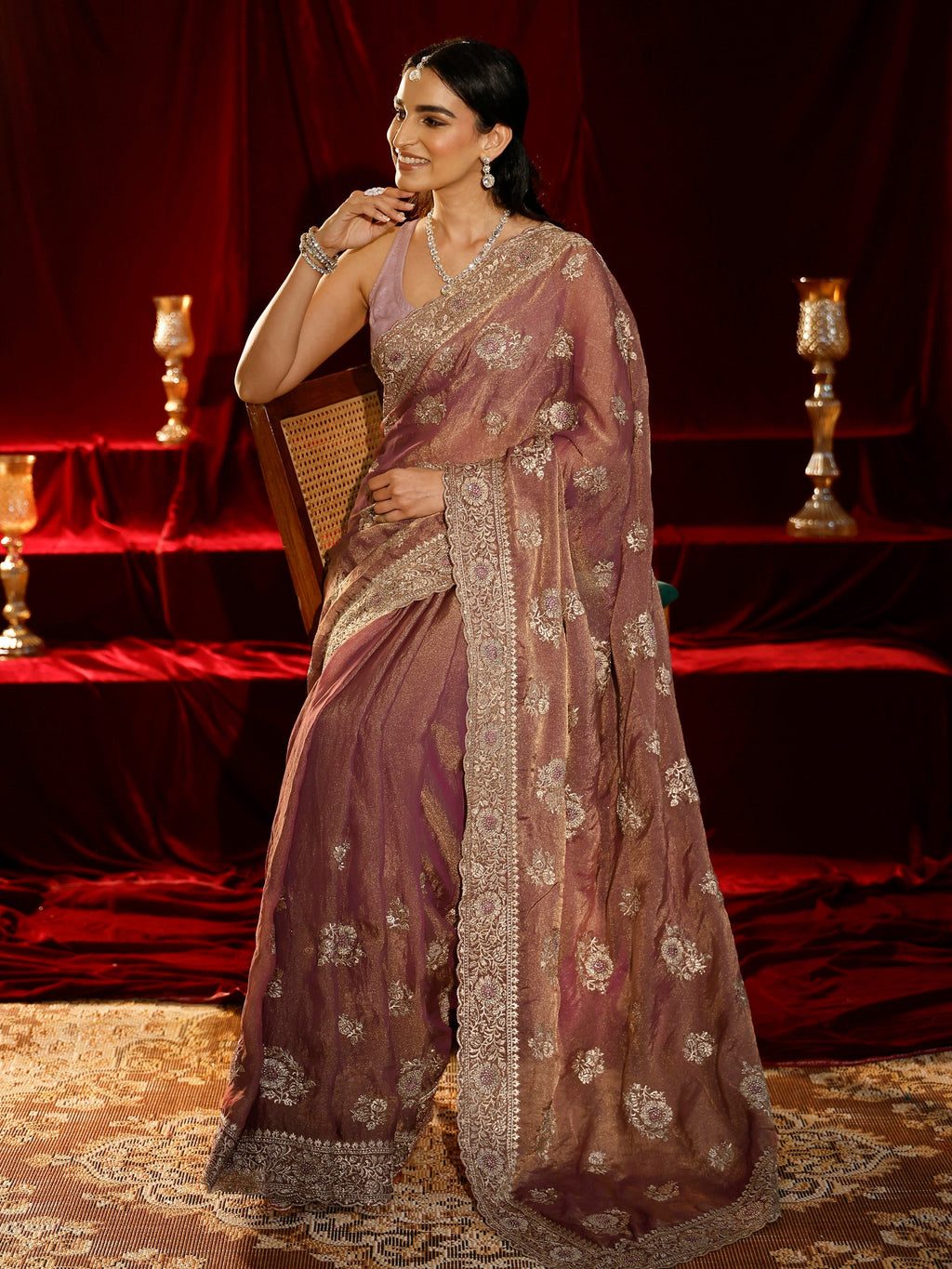 Libas Pink Floral Embroidered Tissue Saree