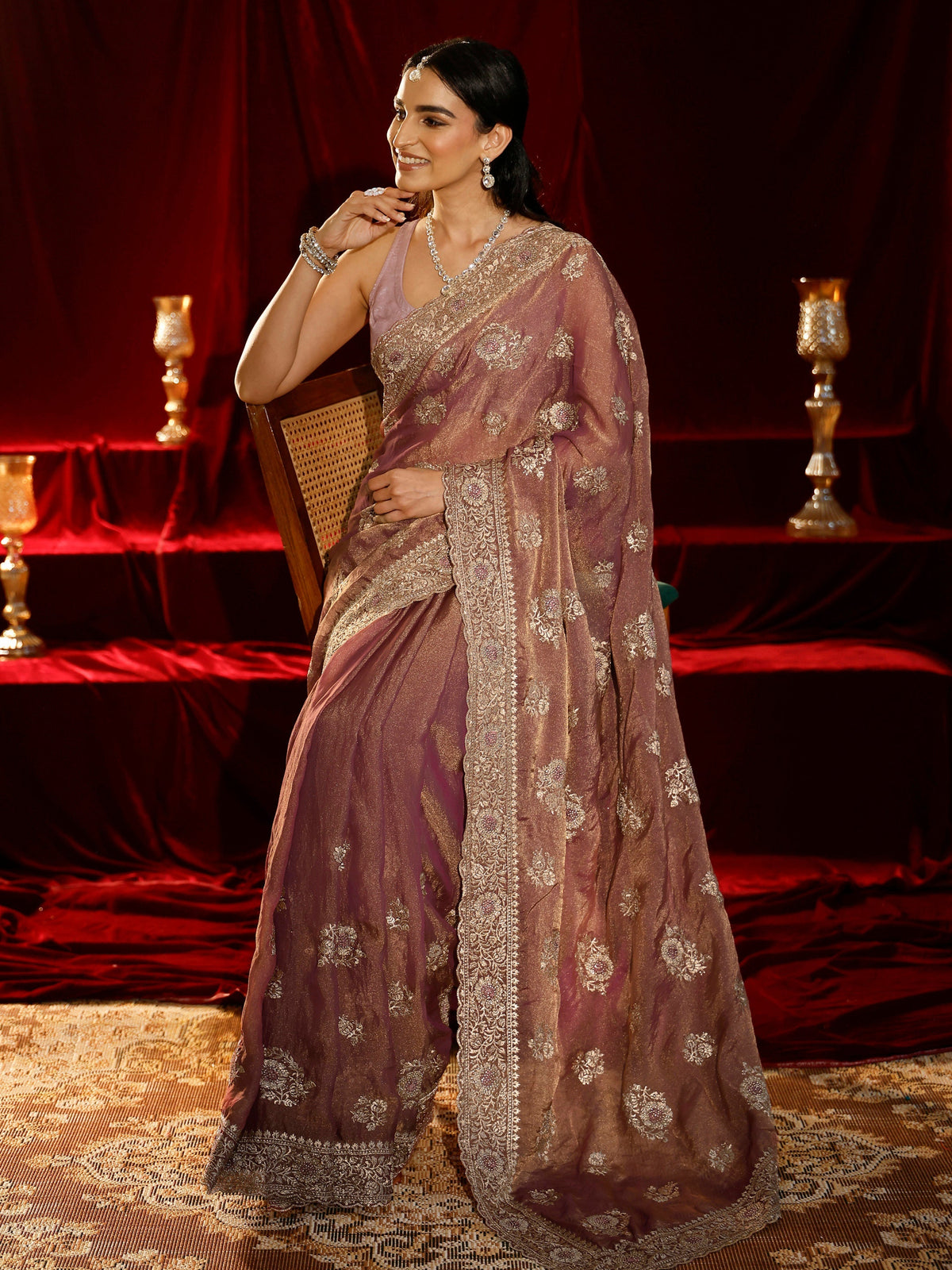 Libas Pink Floral Embroidered Tissue Saree