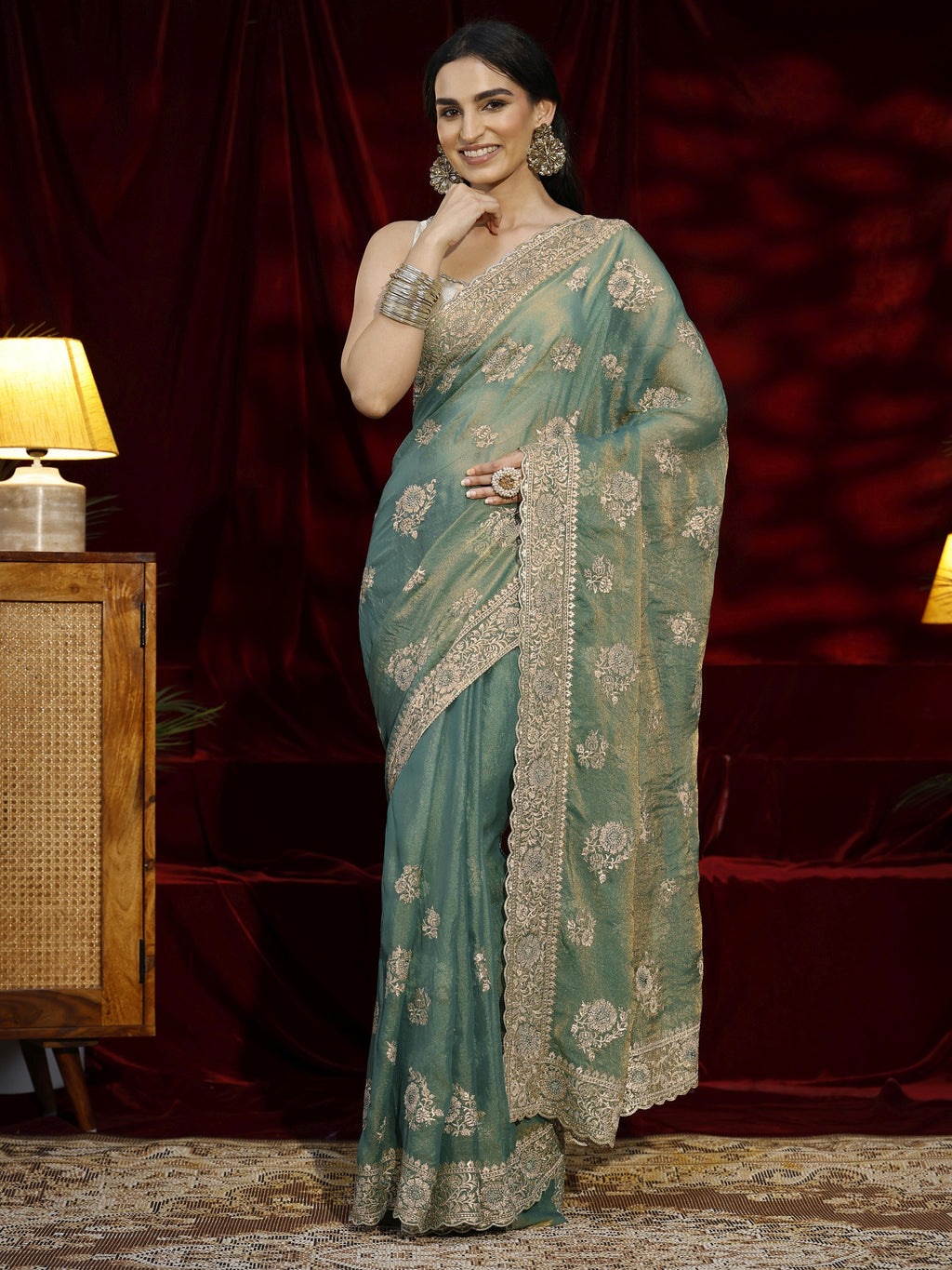Libas Green Floral Embroidered Tissue Saree