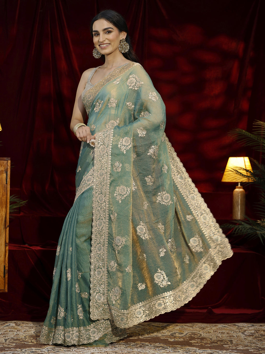 Libas Green Floral Embroidered Tissue Saree