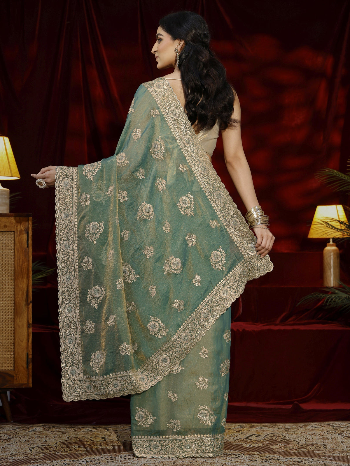 Libas Green Floral Embroidered Tissue Saree
