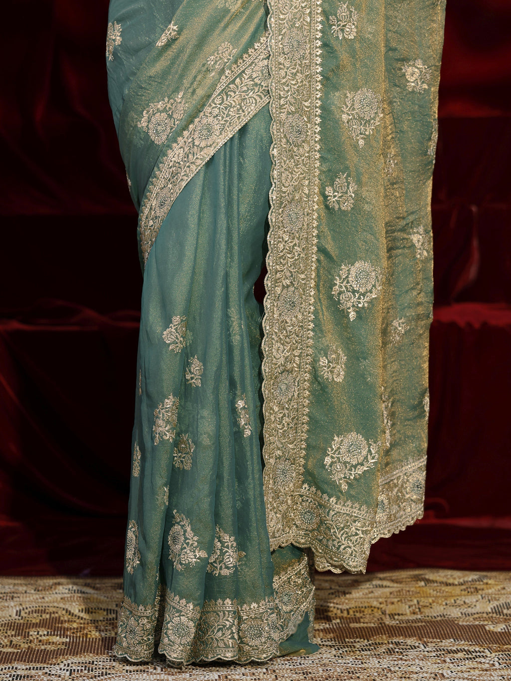 Libas Green Floral Embroidered Tissue Saree