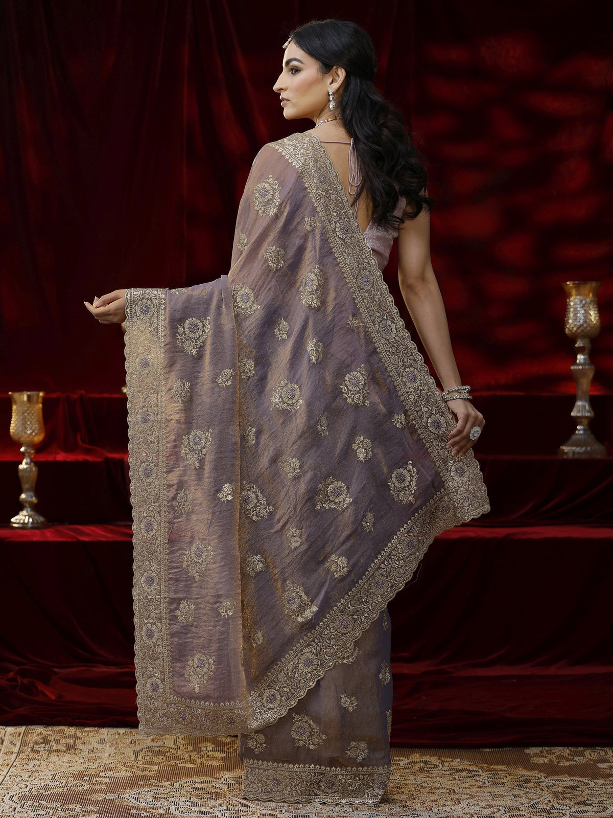 Libas Lavender Floral Embroidered Tissue Saree