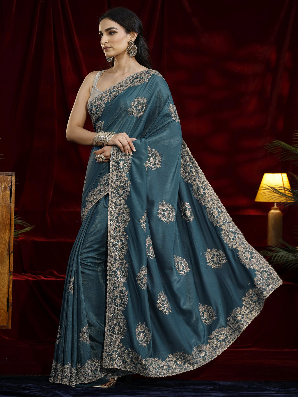 Libas Green Floral Embroidered Tissue Saree