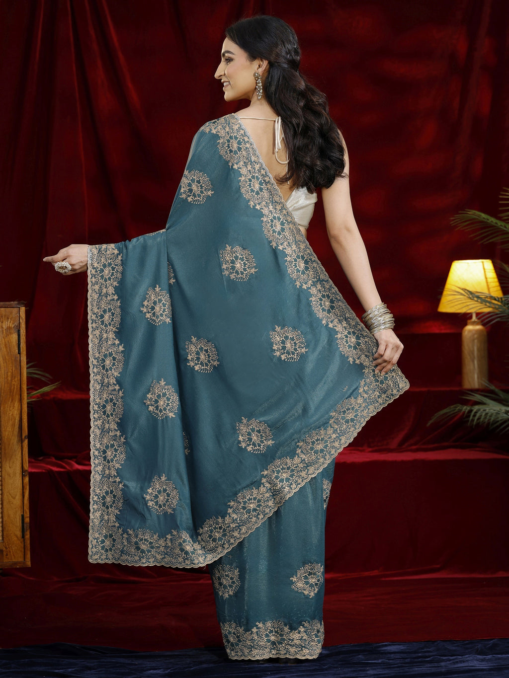Libas Green Floral Embroidered Tissue Saree