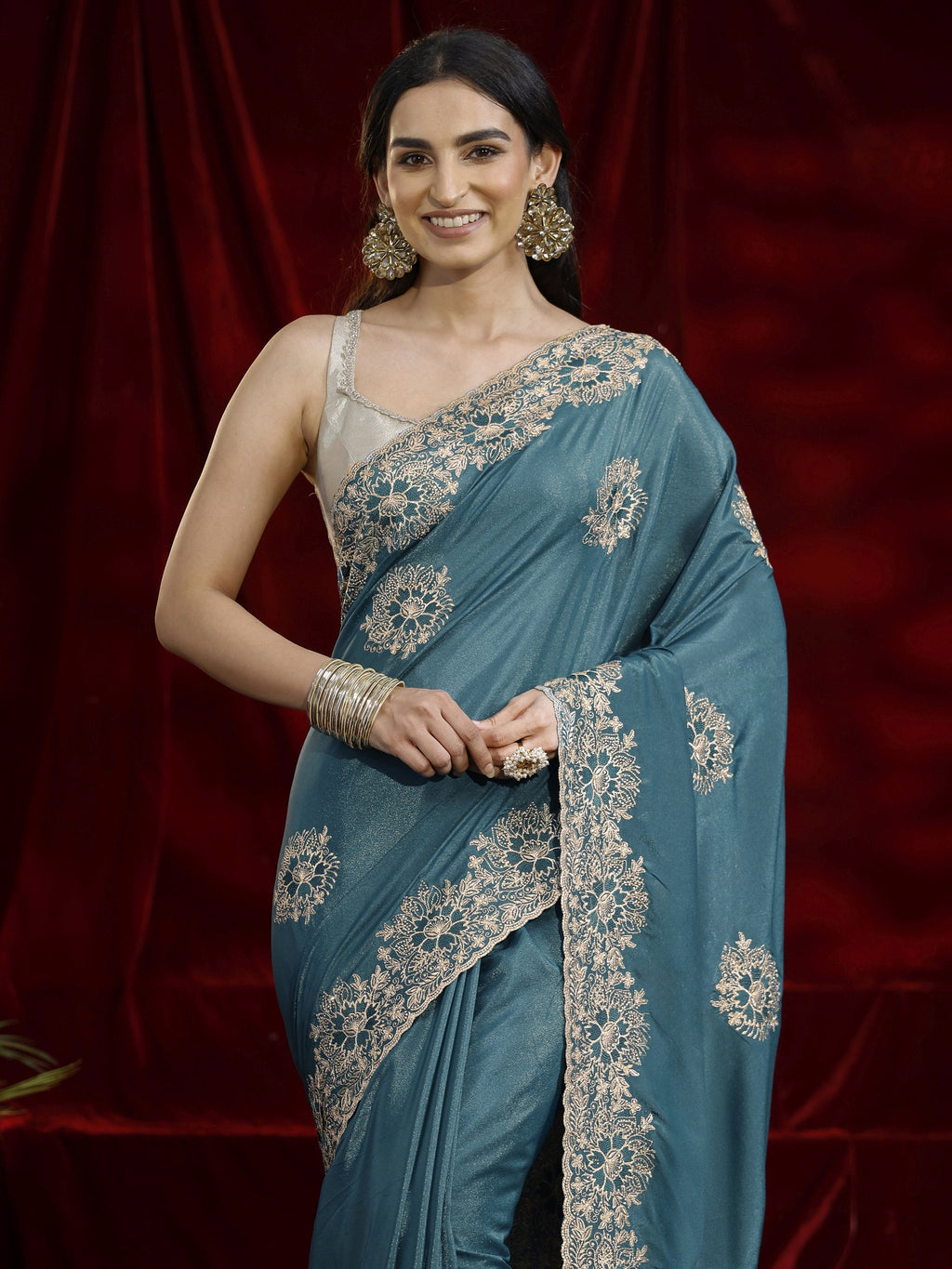 Libas Green Floral Embroidered Tissue Saree