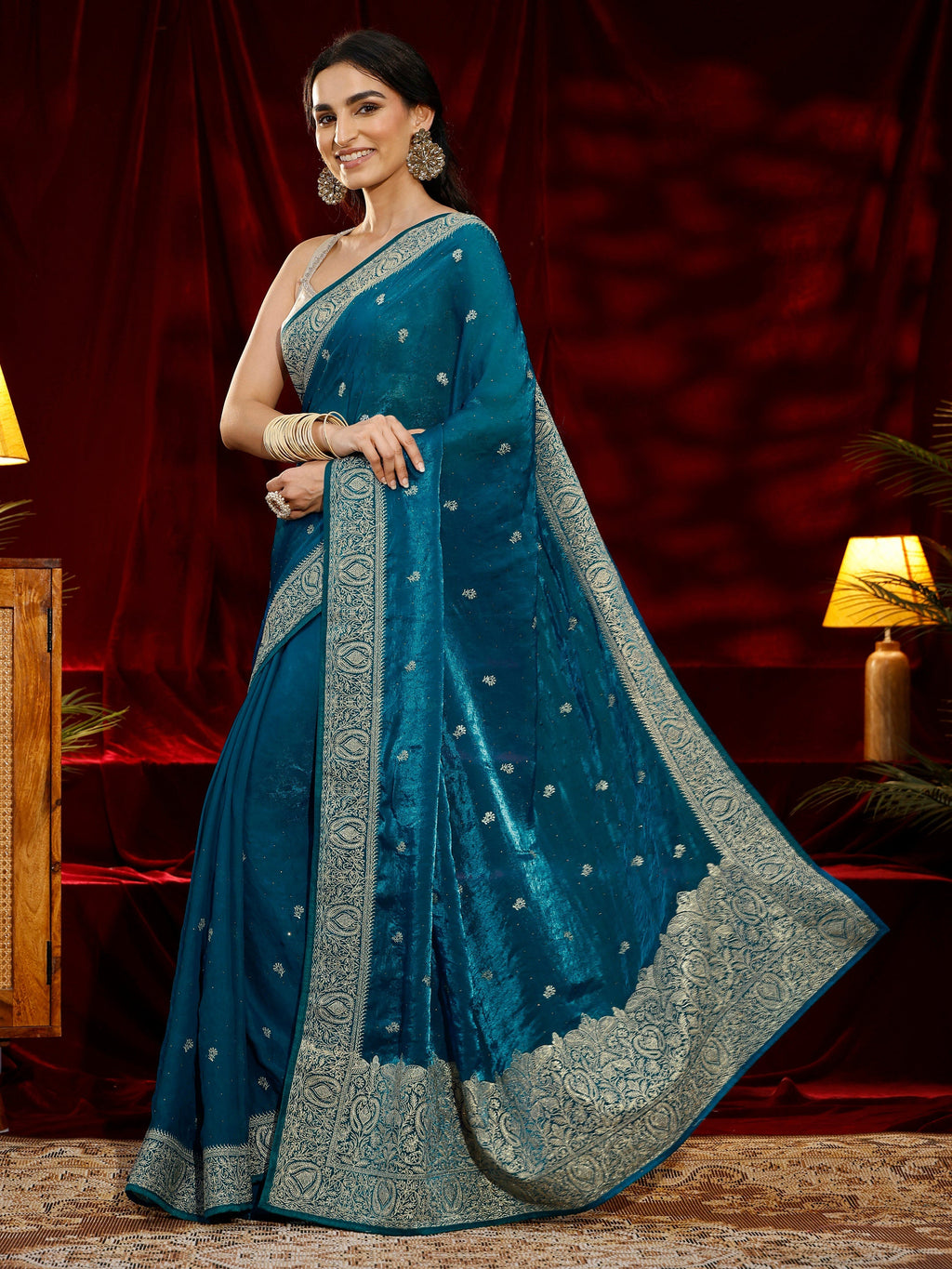 Libas Blue Floral Embroidered Tissue Saree