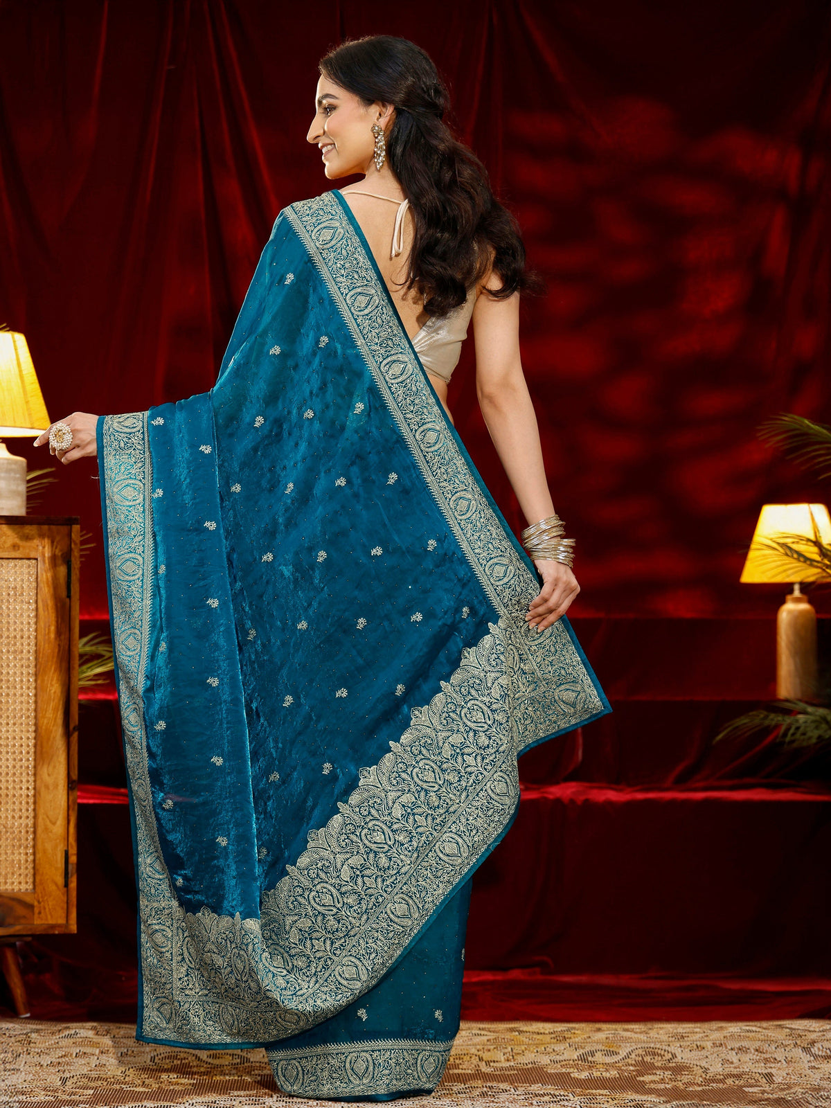 Libas Blue Floral Embroidered Tissue Saree