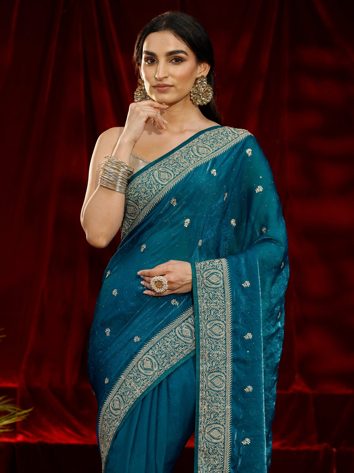 Libas Blue Floral Embroidered Tissue Saree
