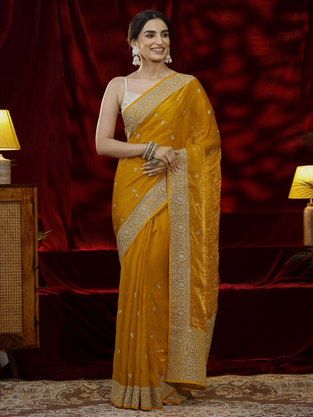 Libas Mustard Floral Embroidered Tissue Saree