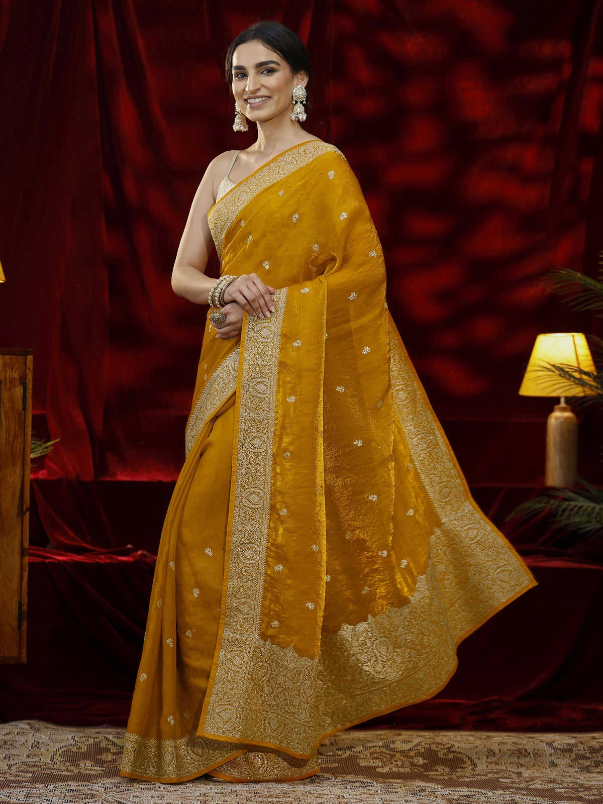 Libas Mustard Floral Embroidered Tissue Saree