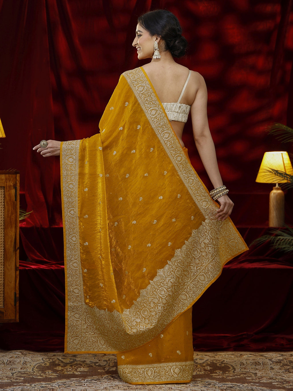 Libas Mustard Floral Embroidered Tissue Saree