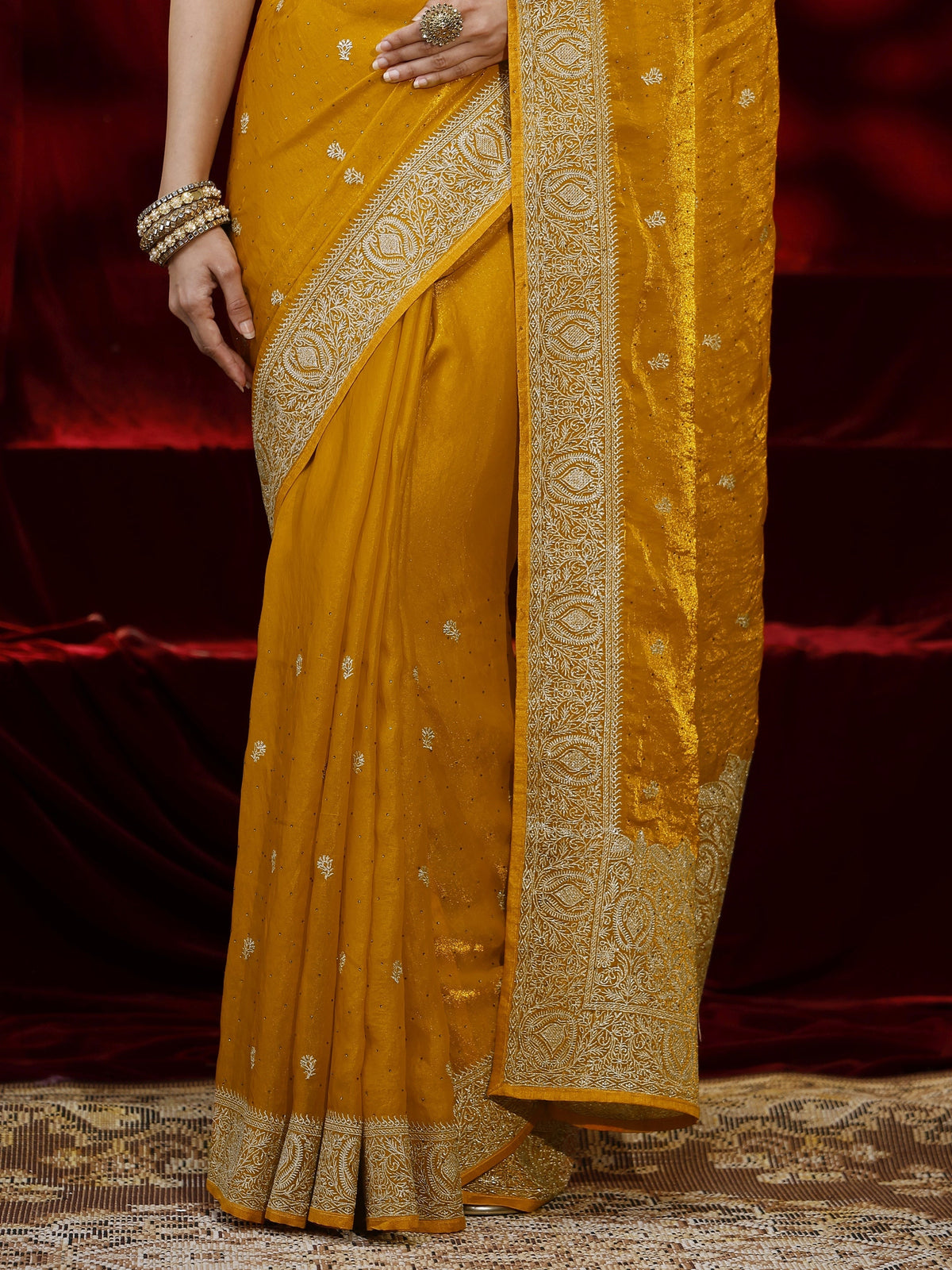 Libas Mustard Floral Embroidered Tissue Saree