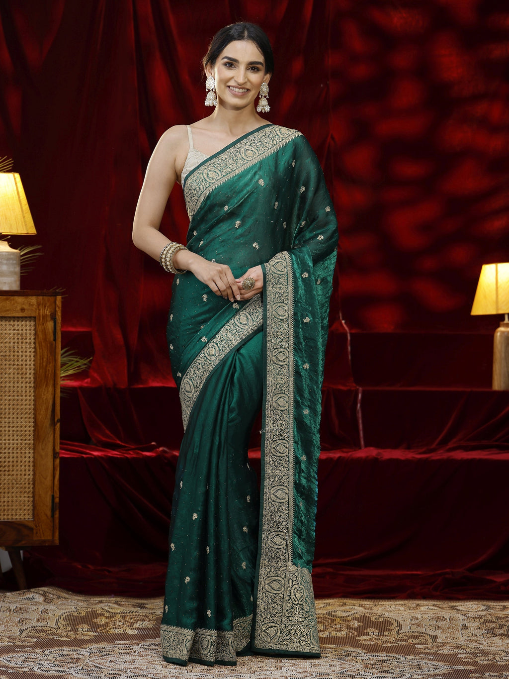 Libas Green Floral Embroidered Tissue Saree